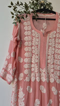 Zaina Peach LVW Fashions handcrafted Georgette long Kurti with intricate Lucknow Chikankari embroidery, pure and elegant.