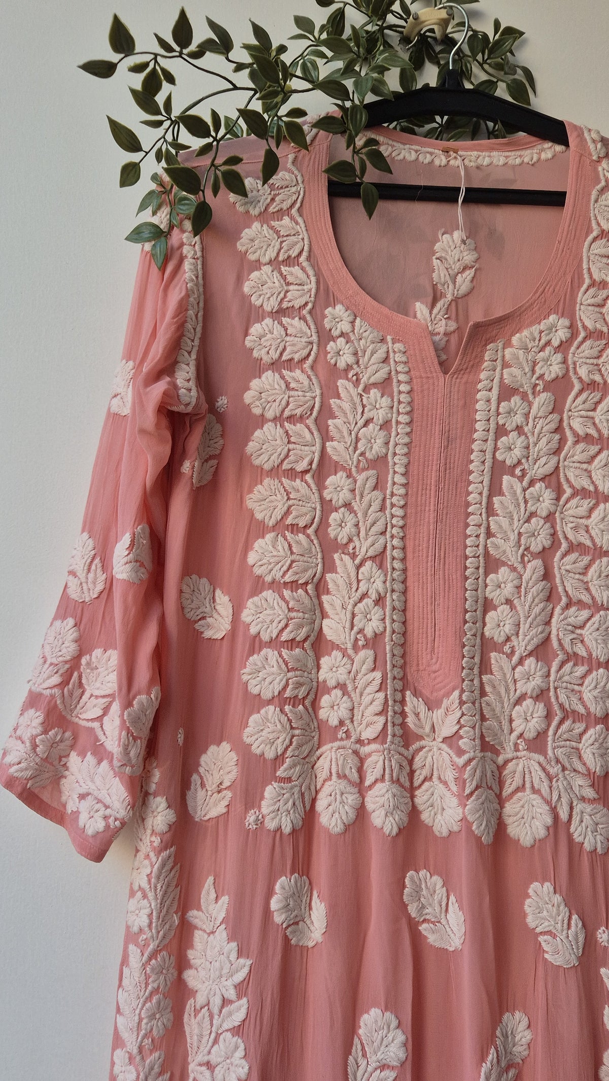 Zaina Peach LVW Fashions handcrafted Georgette long Kurti with intricate Lucknow Chikankari embroidery, pure and elegant.