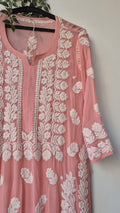 Zaina Peach Premium Georgette Long Kurti by LVW Fashions, handcrafted Chikankari embroidery, pure georgette fabric, traditional Lucknow style.