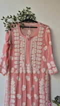 Zaina Peach Premium Georgette Chikankari Long Kurti by LVW Fashions, handcrafted Lucknow Chikankari, elegant and traditional style.