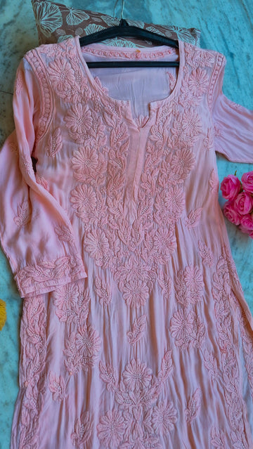 Zaina premium soft modal chikankari long kurti by LVW Fashions, handmade Lucknow chikankari kurta, pure and elegant design.