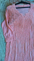 Zaina premium soft modal chikankari long kurti by LVW Fashions, pure handmade Lucknow chikankari kurta, front view.