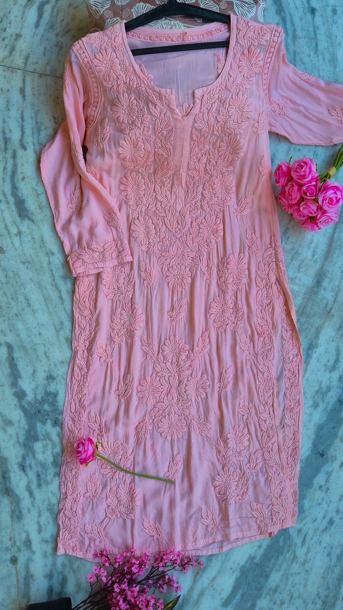 Zaina premium soft modal chikankari long kurti from LVW Fashions, handmade pure Lucknow chikankari kurta in light fabric.