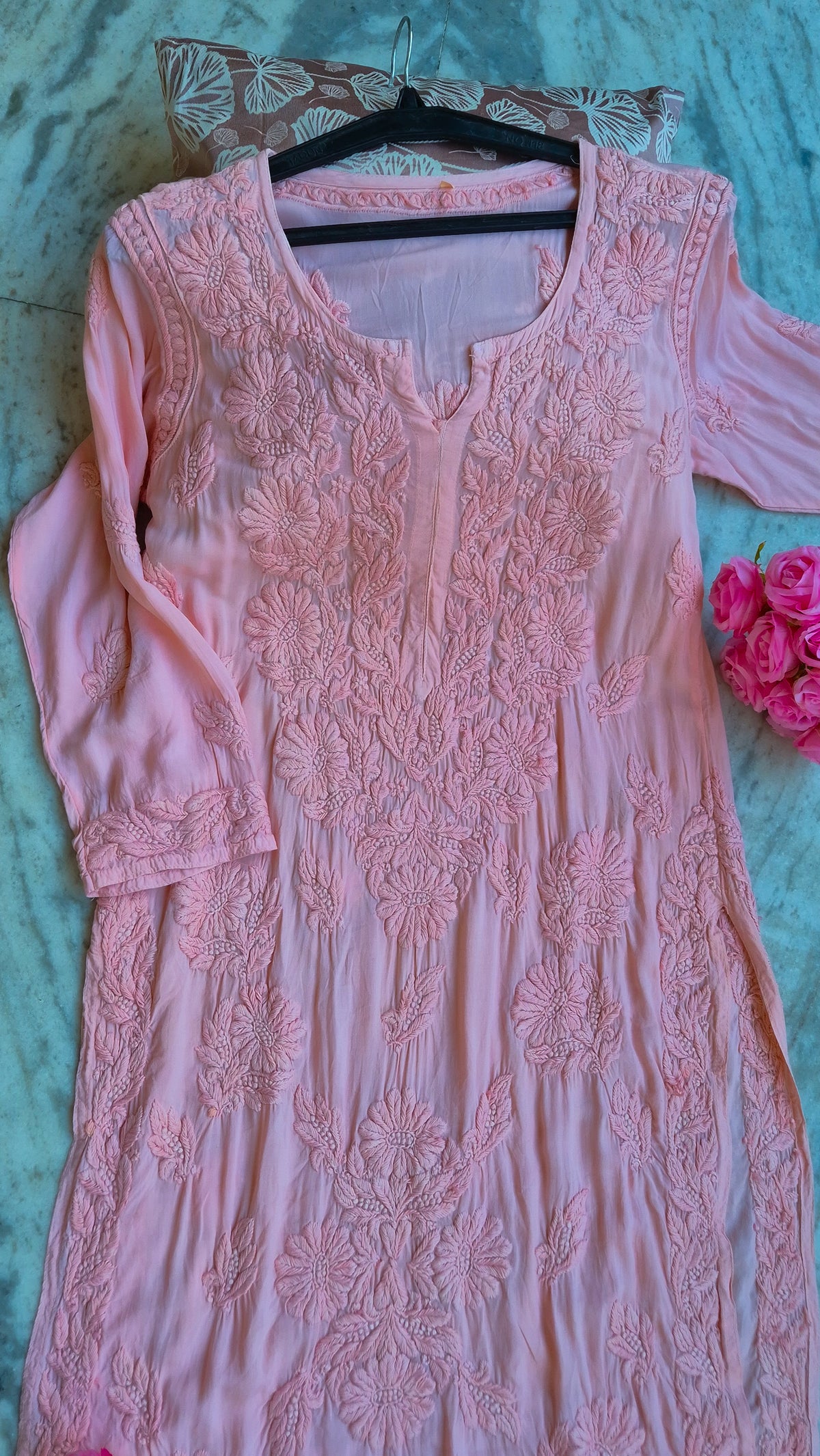 Zaina premium soft modal chikankari long kurti by LVW Fashions, handmade pure chikankari kurta from Lucknow, showing intricate embroidery.