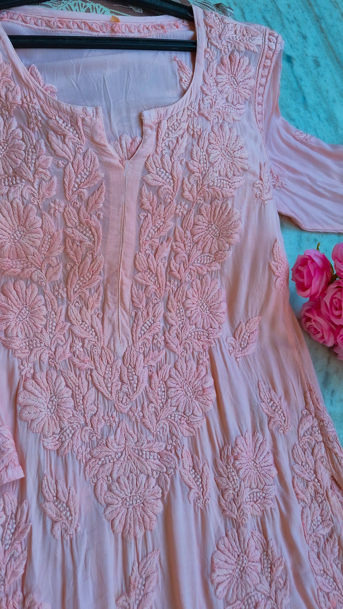 Zaina premium soft modal chikankari long kurti by LVW Fashions, pure handmade Lucknow chikankari kurta in delicate embroidery.