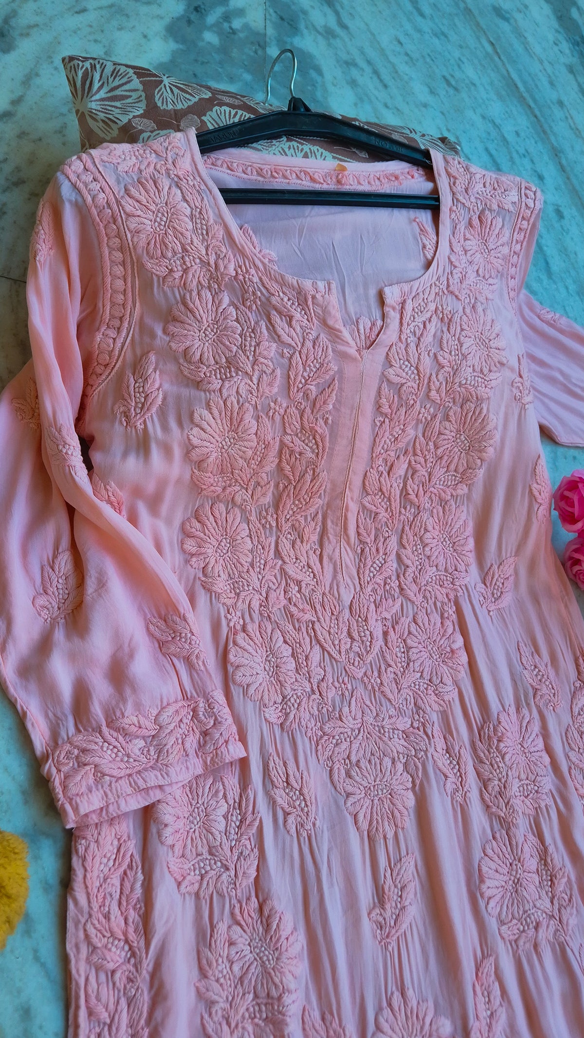 Zaina premium soft modal chikankari long kurti by LVW Fashions, handcrafted pure Lucknow chikankari kurta in XXS size.