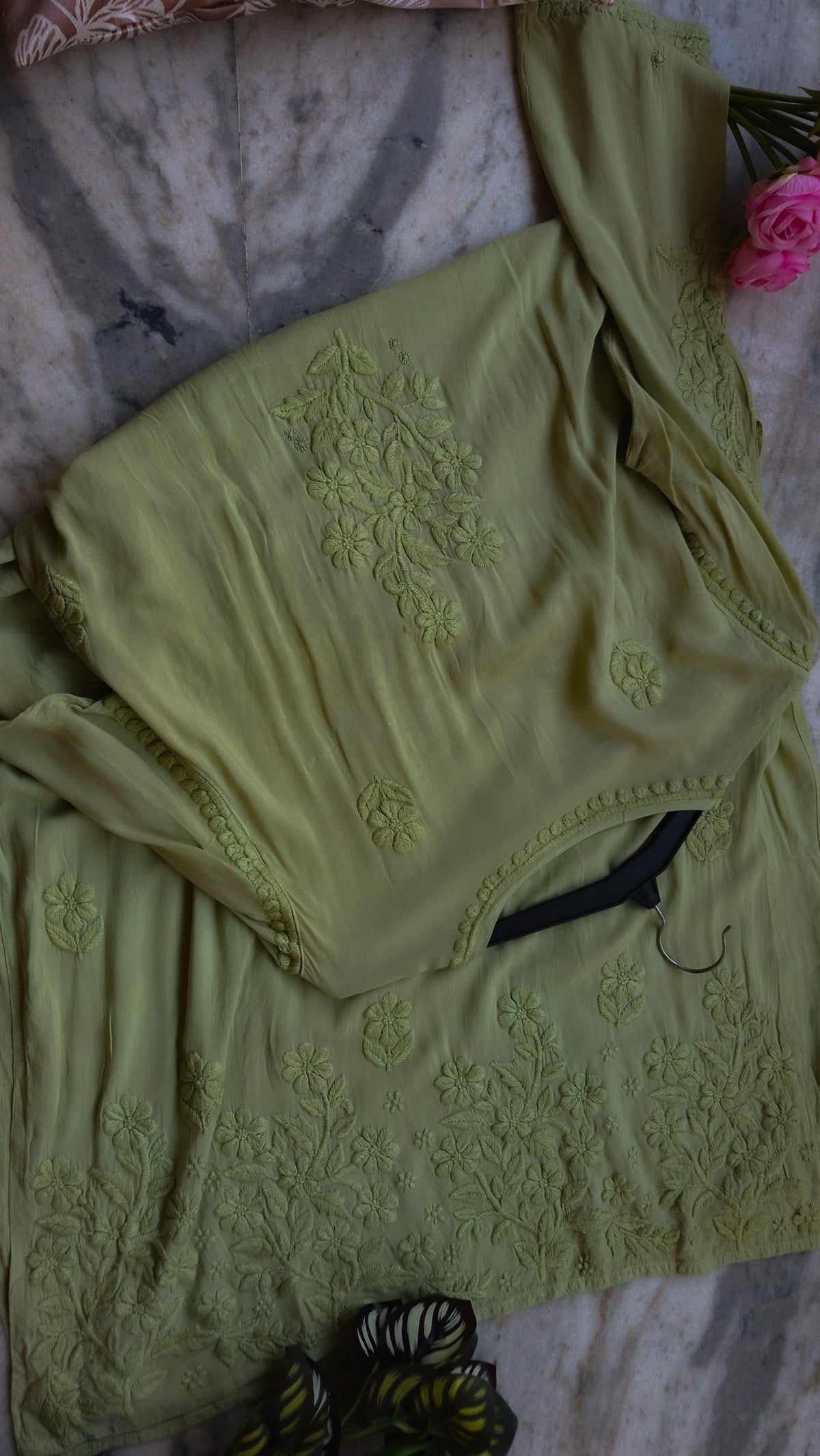 Zaina premium soft non-transparent chikankari long kurti by LVW Fashions, handcrafted Lucknow chikankari with intricate embroidery.