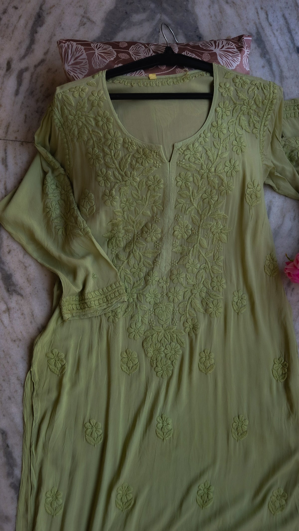 Zaina Premium Soft Non-Transparent Chikankari Long Kurti by LVW Fashions, handmade Lucknow Chikankari kurta in soft fabric.