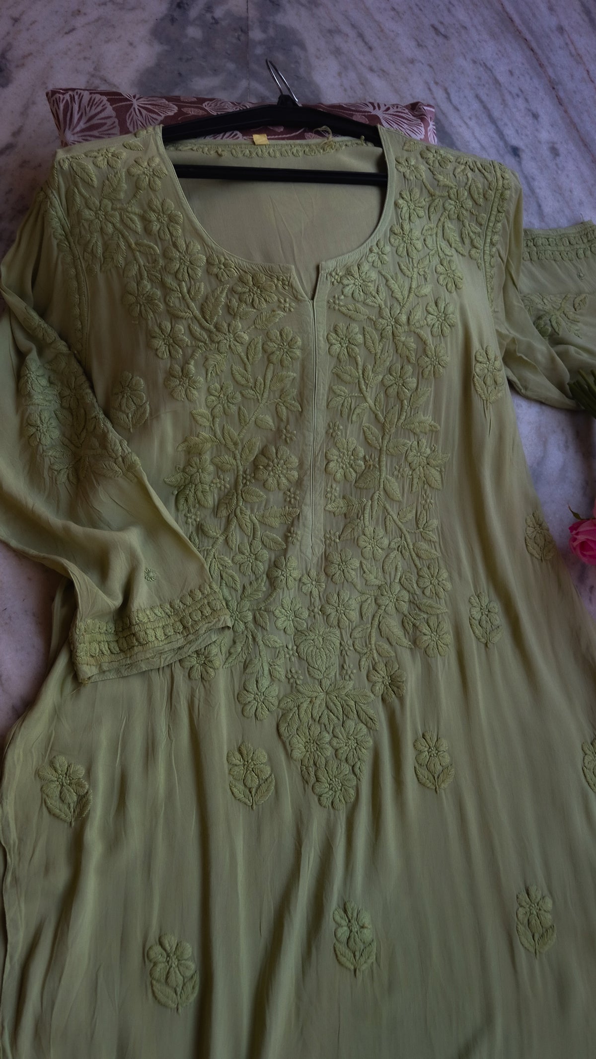 Zaina premium soft non-transparent Chikankari long Kurti by LVW Fashions, handmade Lucknow Chikankari kurta in natural fabric.