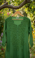 Zaina premium soft non-transparent chikankari long kurti by LVW Fashions, handmade Lucknow chikankari design, shown in XXS size