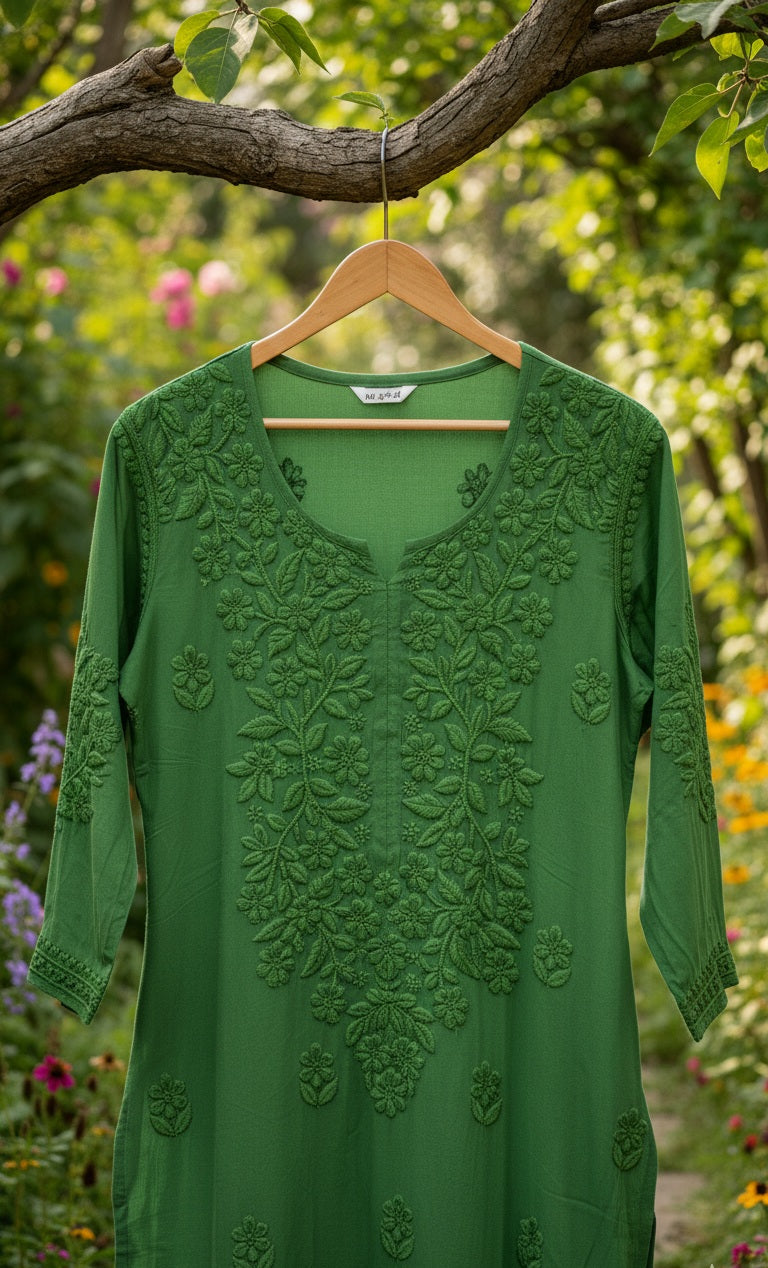 Zaina premium soft non-transparent chikankari long kurti by LVW Fashions, handmade Lucknow chikankari design, shown in XXS size