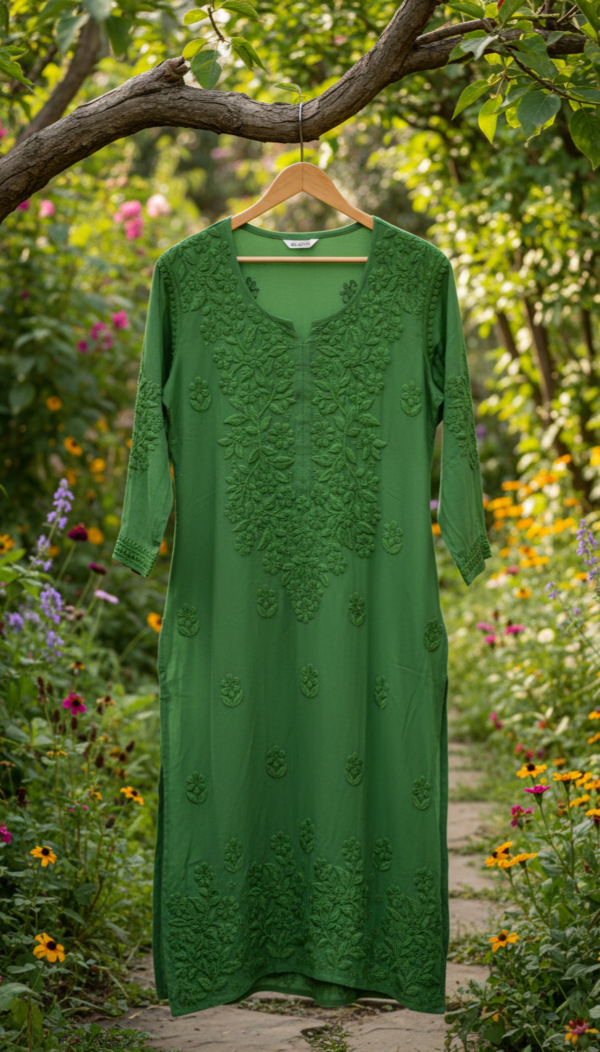 Zaina Premium Soft Non-Transparent Chikankari Long Kurti by LVW Fashions, handcrafted Lucknow Chikankari kurta in soft fabric.