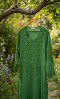 Zaina Premium Soft Non-Transparent Chikankari Long Kurti by LVW Fashions, handmade Lucknow Chikankari kurta in soft fabric.