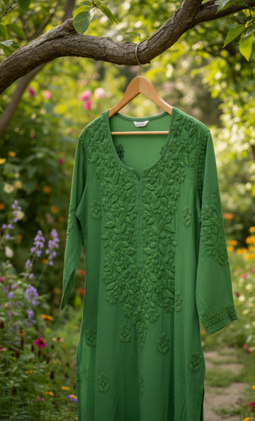 Zaina Premium Soft Non-Transparent Chikankari Long Kurti by LVW Fashions, handmade Lucknow Chikankari kurta in soft fabric.