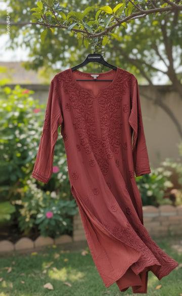 Zaina Premium Soft Non-Transparent Chikankari Long Kurti by LVW Fashions, handmade Lucknow Chikankari kurta in soft fabric.
