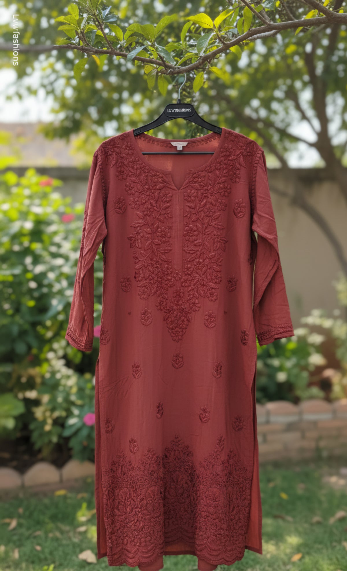 Zaina premium soft non-transparent Chikankari long Kurti by LVW Fashions with intricate Lucknow Chikankari embroidery.