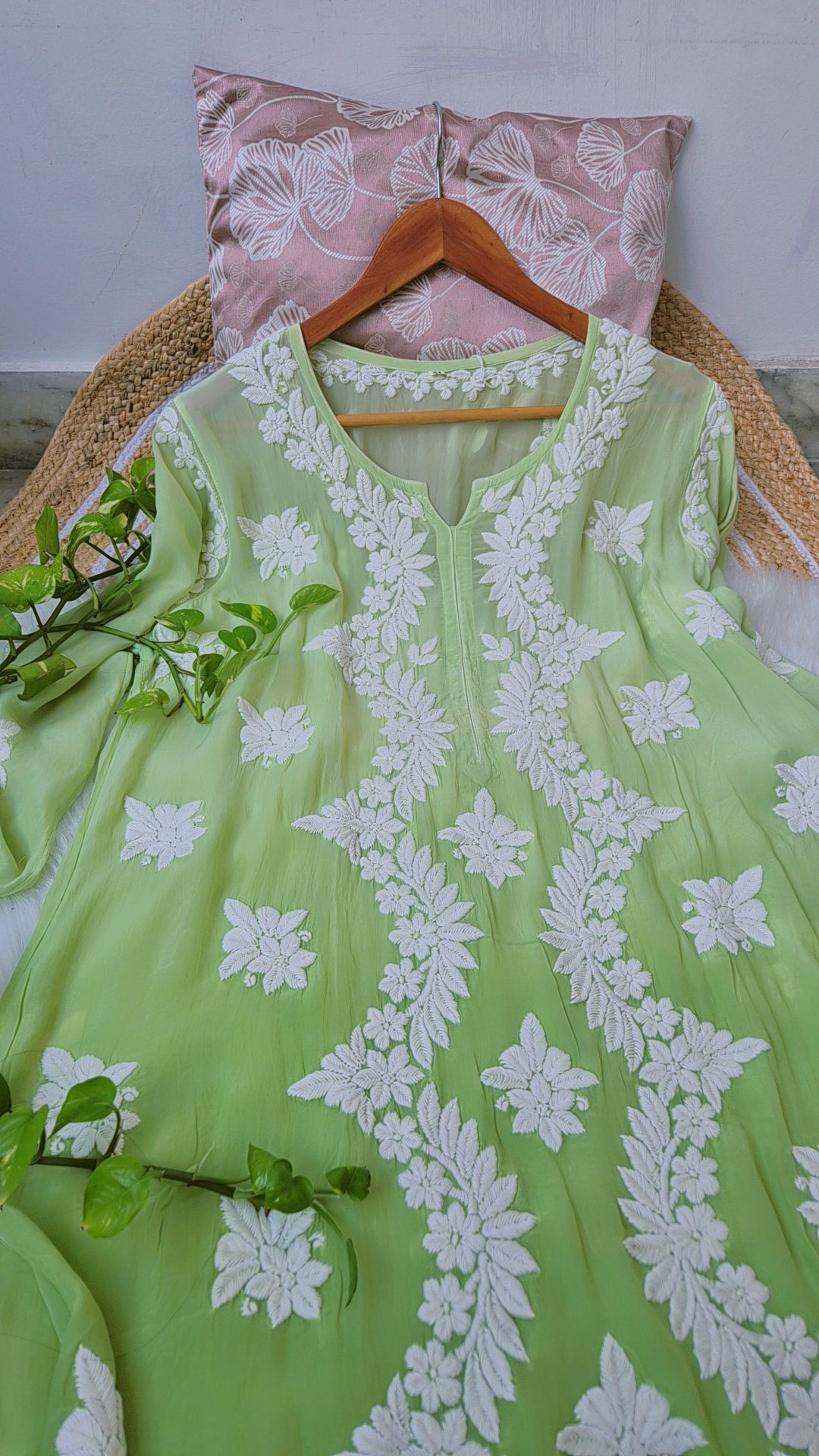 Zainab green ombre premium silk long kurti with intricate deep red Chikankari embroidery, handmade Lucknow Chikankari for women.