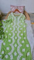 Zainab Green Ombre Premium Silk Chikankari Long Kurti for women, handmade with intricate Lucknow Chikankari embroidery.