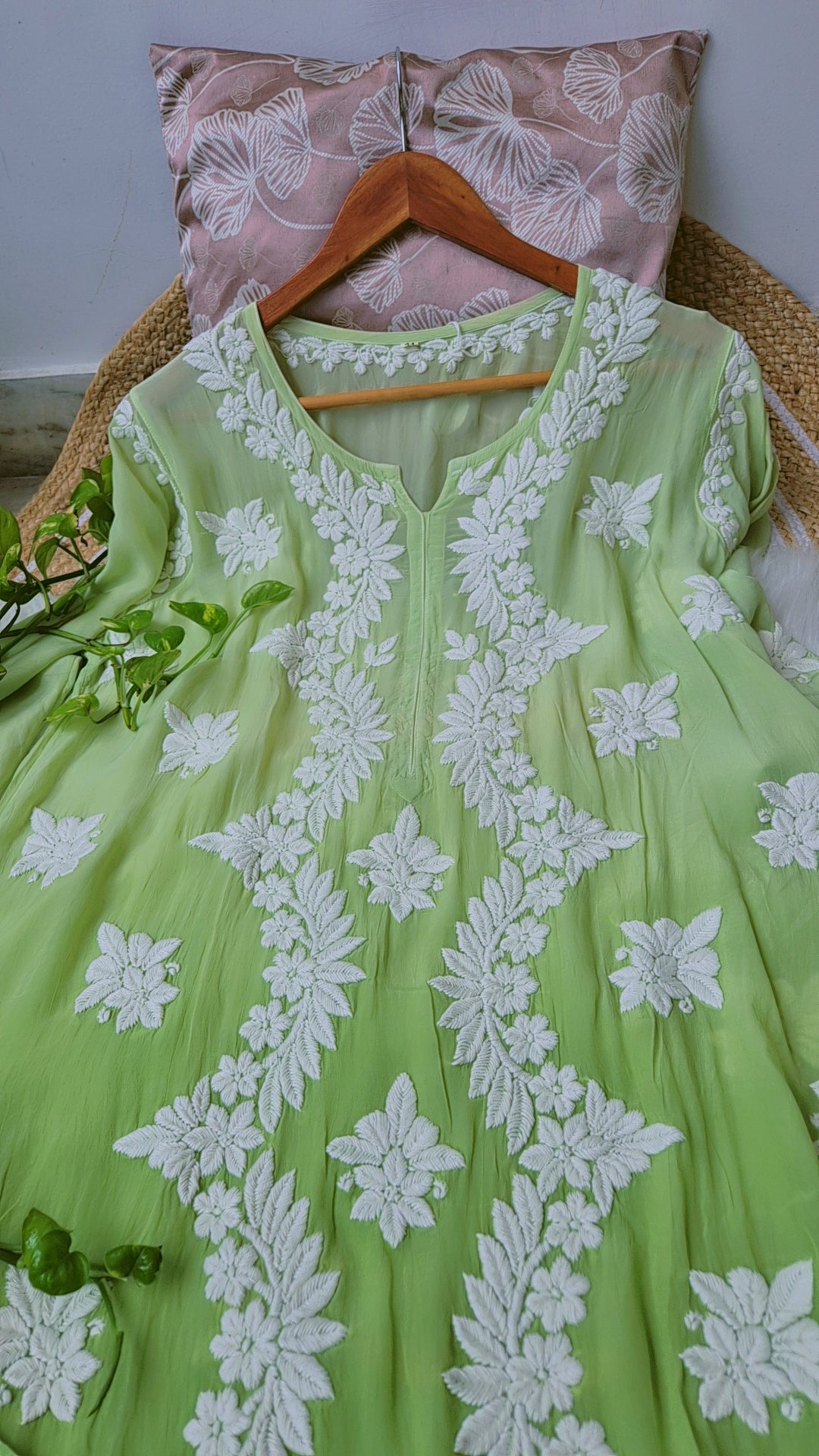 Green ombre silk long kurti with intricate deep red Chikankari embroidery, luxurious handmade Lucknow Chikankari by LVW Fashions.