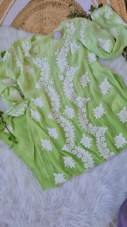 Green ombre premium silk long kurti with intricate deep red chikankari embroidery, handcrafted by LVW Fashions in Lucknow.