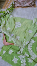 Green ombre silk kurti with intricate deep red chikankari embroidery, luxurious long handmade Chikankari kurta for women.
