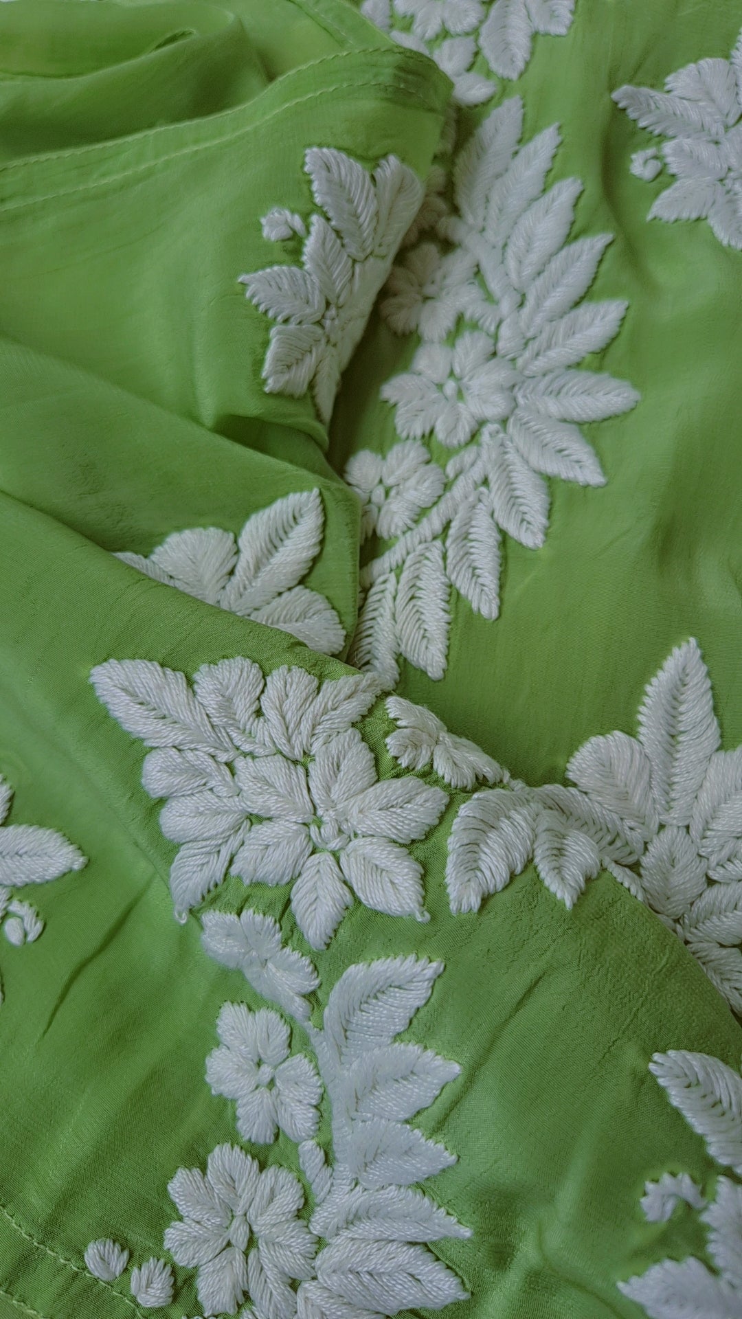 Green ombre silk long kurti with intricate deep red chikankari embroidery, handmade by LVW Fashions, luxurious women’s chikan kurta.