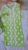 Zainab green ombre silk long kurti with intricate white chikankari embroidery, luxurious handcrafted Lucknow-style for women.
