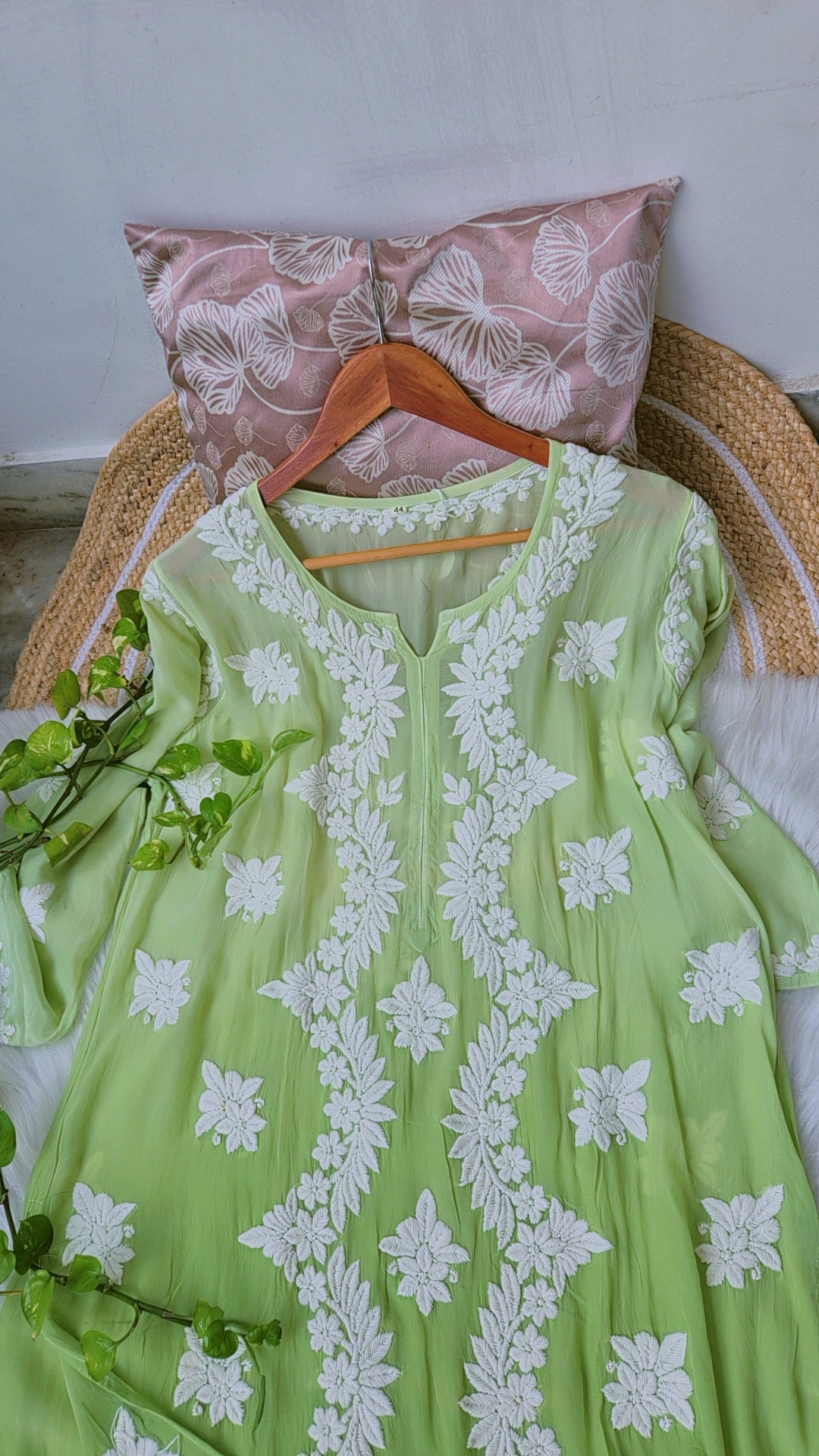 Green ombre silk long kurti with intricate deep red Chikankari embroidery, handmade by LVW Fashions in Lucknow Chikankari style.