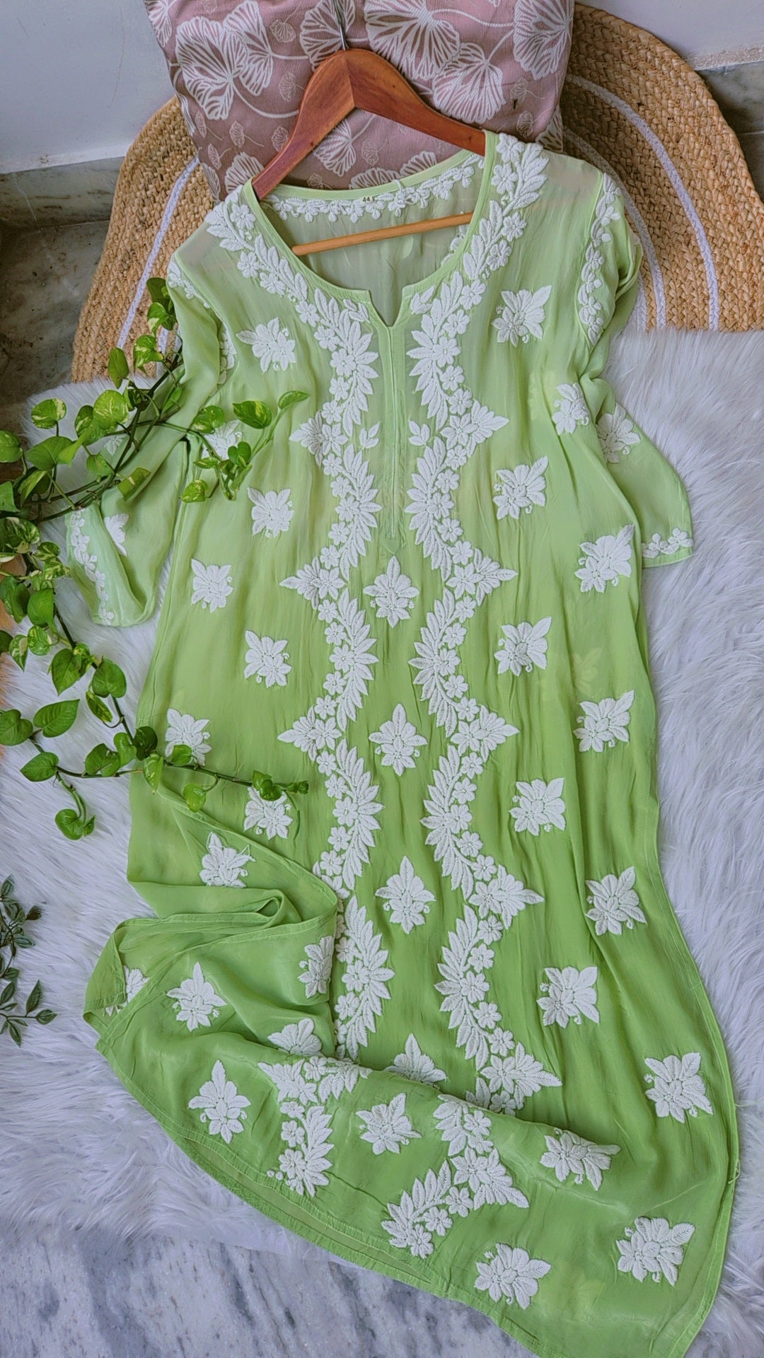 Green ombre silk long kurti with intricate deep red chikankari embroidery, handmade by LVW Fashions, luxurious traditional women’s attire