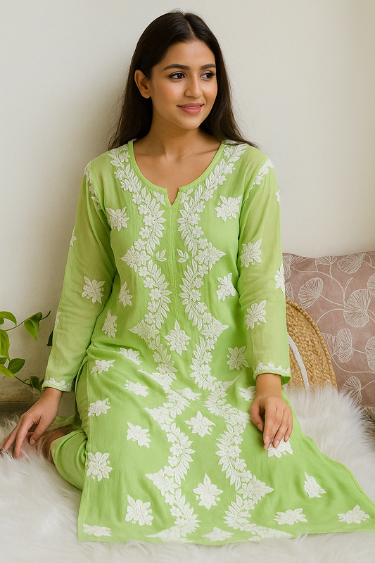 Green ombre silk long kurti with intricate deep red Chikankari embroidery for women, handmade by LVW Fashions.