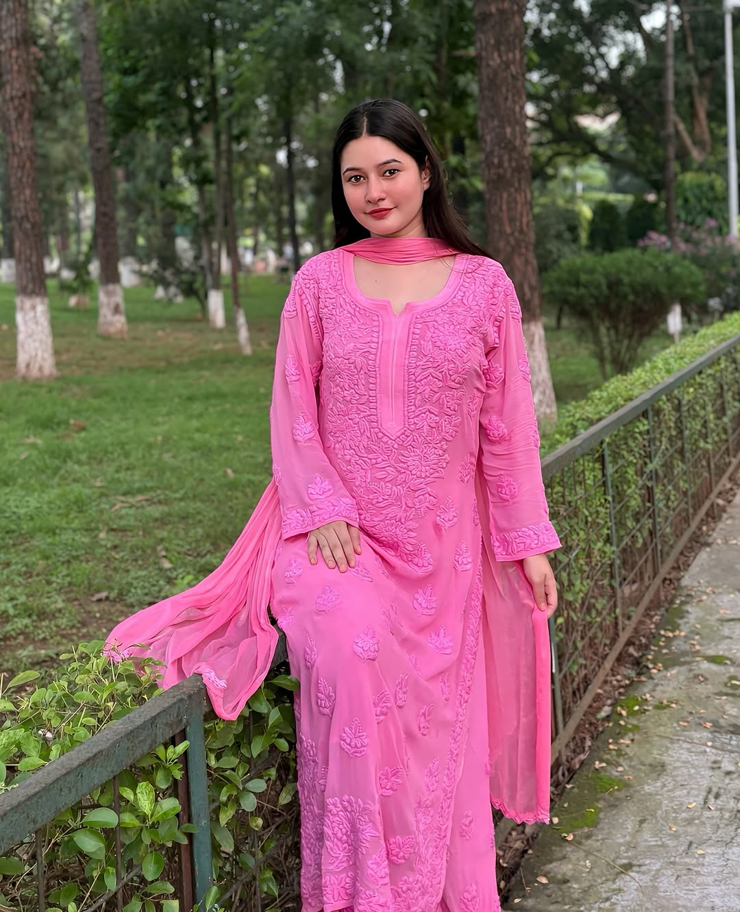 Pinkish lavender luxury georgette kurta set with handmade Lucknow chikankari embroidery, long design, by LVW Fashions.