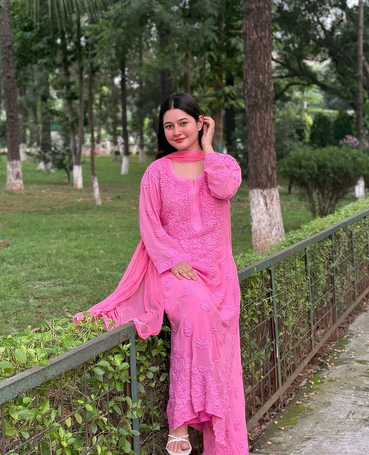 Pinkish lavender premium georgette long kurta set with intricate handmade Lucknow chikankari from LVW Fashions.