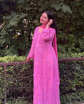 Pinkish lavender long kurta set in premium georgette with intricate Lucknow chikankari embroidery by LVW Fashions.