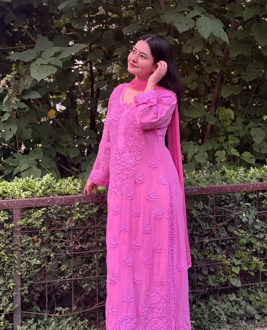 Pinkish lavender long kurta set in premium georgette with intricate Lucknow chikankari embroidery by LVW Fashions.