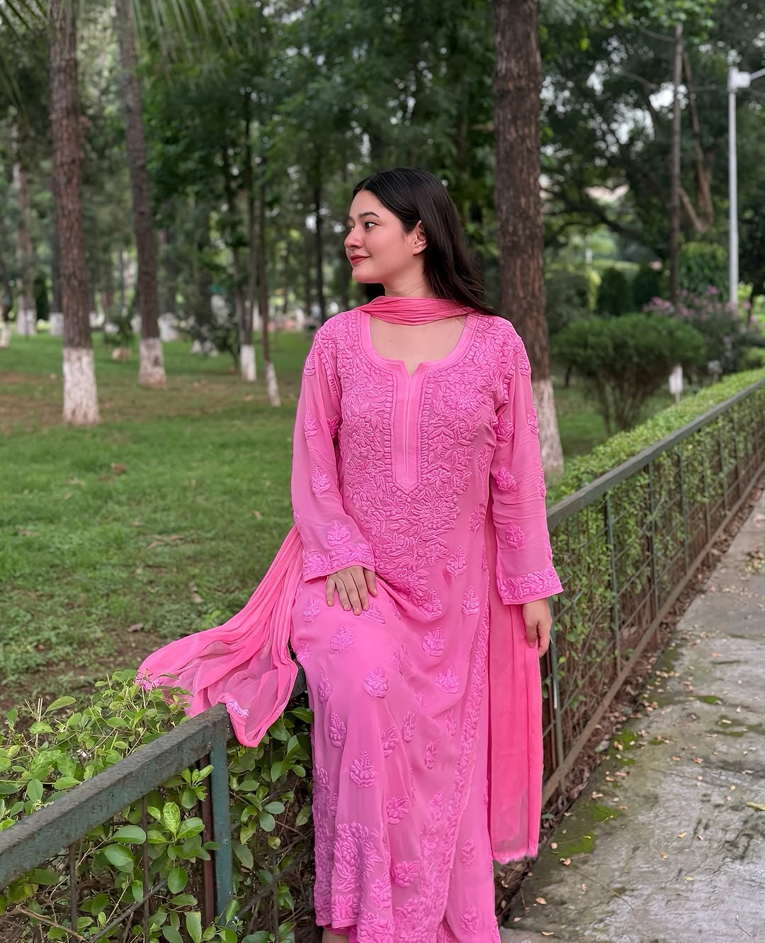 Pinkish lavender luxury georgette long kurta set with handmade Lucknow chikankari embroidery by LVW Fashions.