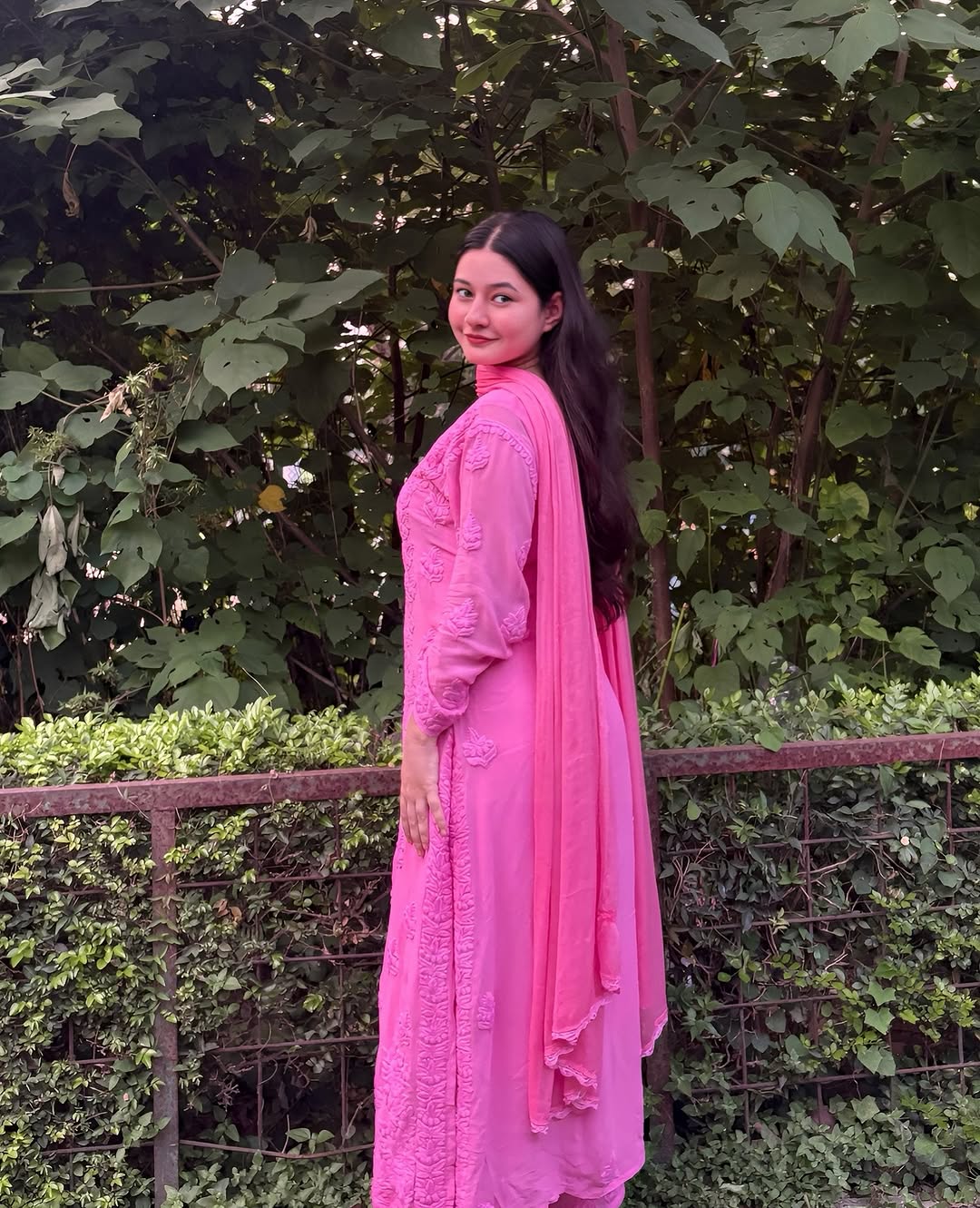 Pinkish lavender luxury georgette long kurta set by LVW Fashions with intricate handmade Chikankari embroidery, perfect for elegant occasions.