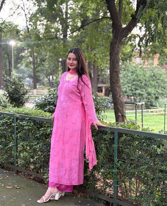 Pinkish lavender premium georgette long kurta set with intricate handmade Lucknow chikankari embroidery from LVW Fashions.