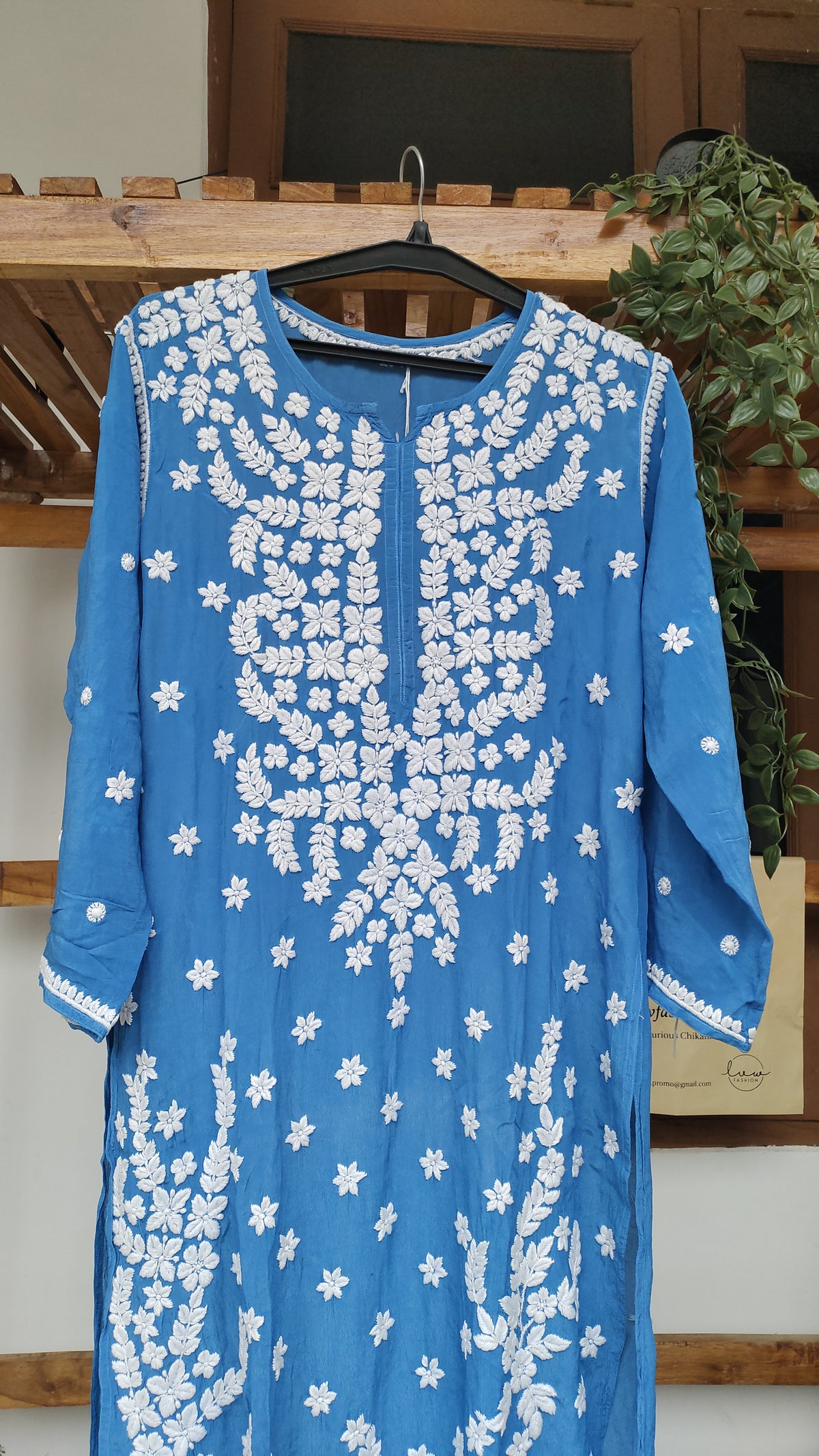 Zeba Blue premium silk Chikankari Kurta by LVW Fashions featuring intricate Lucknow embroidery and luxurious look.