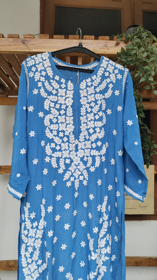 Zeba Blue premium silk Chikankari Kurta by LVW Fashions featuring intricate Lucknow embroidery and luxurious look.