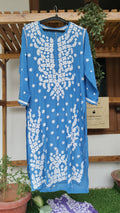 Zeba Blue premium silk Chikankari kurta by LVW Fashions featuring intricate handcrafted Lucknow embroidery.