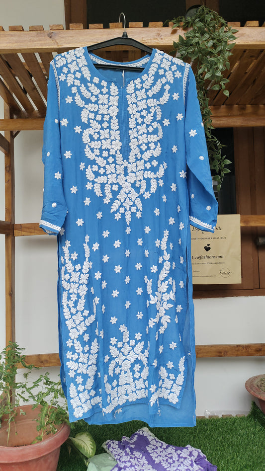 Zeba Blue premium silk Chikankari kurta by LVW Fashions featuring intricate handcrafted Lucknow embroidery.