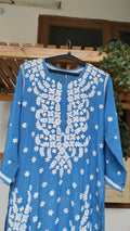 Zeba Blue premium silk Chikankari kurta by LVW Fashions, luxurious handmade Lucknow chikankari design, short kurta for women.