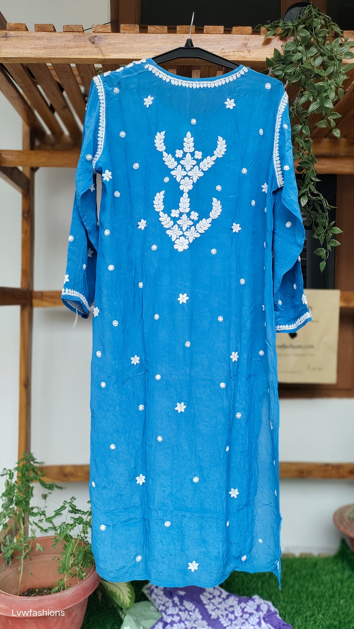 Zeba Blue premium silk Chikankari kurta by LVW Fashions, handcrafted Lucknow embroidery, luxurious look, traditional style.