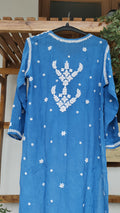 Zeba Blue premium silk chikankari kurta by LVW Fashions, handmade in Lucknow with intricate Chikankari embroidery.
