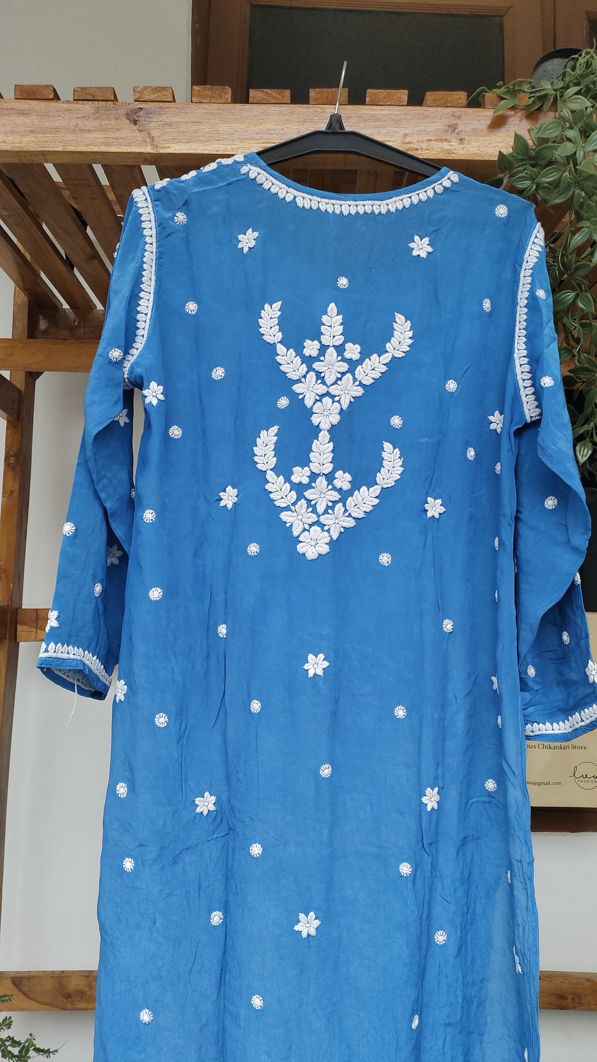 Zeba Blue premium silk chikankari kurta by LVW Fashions, handmade in Lucknow with intricate Chikankari embroidery.