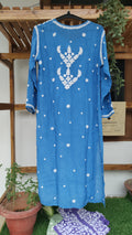 Zeba Blue premium silk Chikankari Kurta by LVW Fashions, handmade Lucknow chikankari with intricate embroidery.
