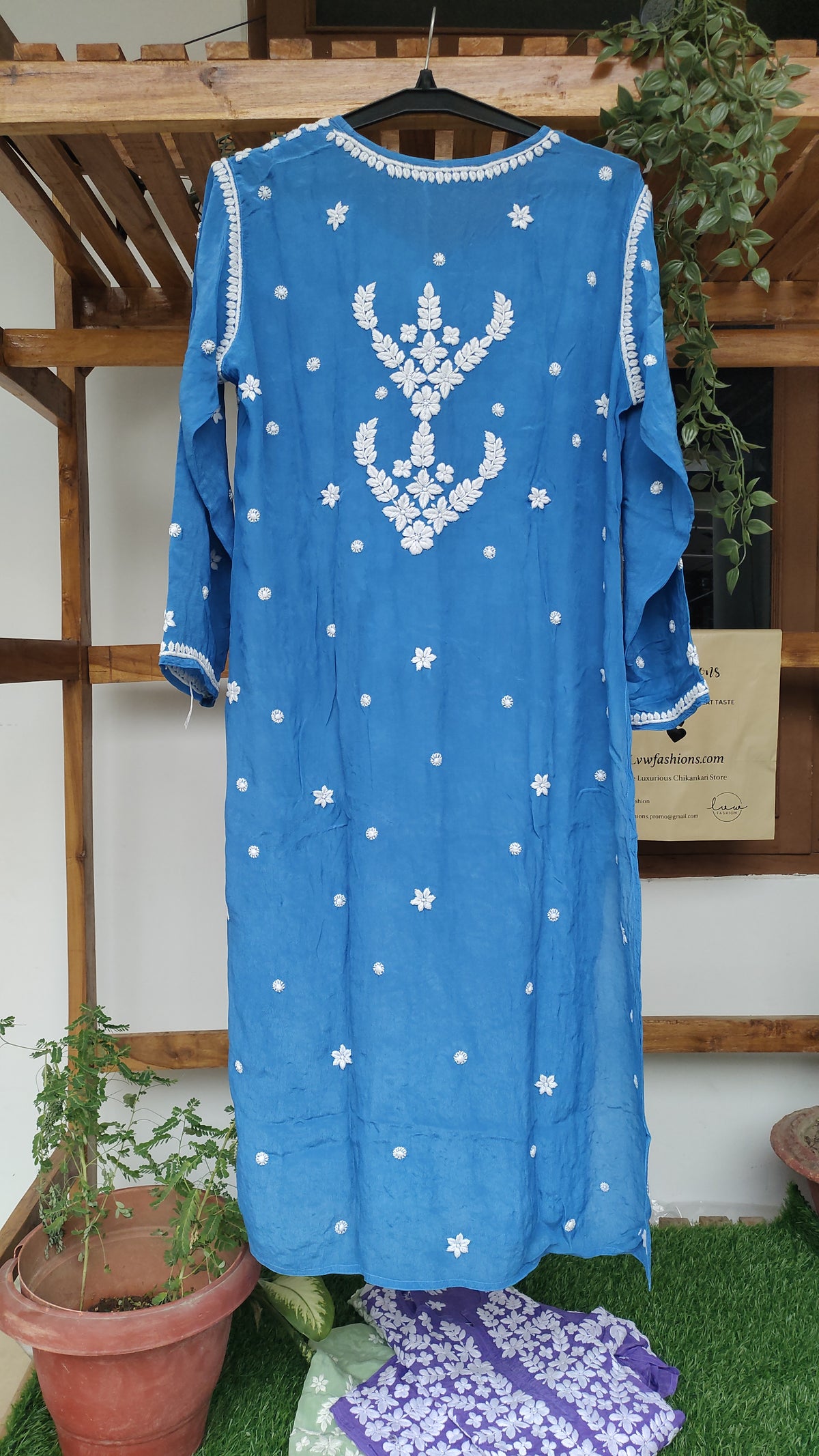 Zeba Blue premium silk Chikankari Kurta by LVW Fashions, handmade Lucknow chikankari with intricate embroidery.