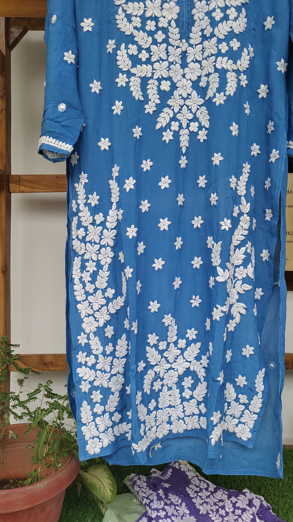 Zeba Blue premium silk Chikankari kurta by LVW Fashions with intricate handmade Lucknow embroidery, luxurious and elegant.