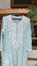 Zeba Firozi luxury silk Kurta with intricate handmade Lucknow Chikankari by LVW Fashions, showcasing detailed embroidery and elegant design.