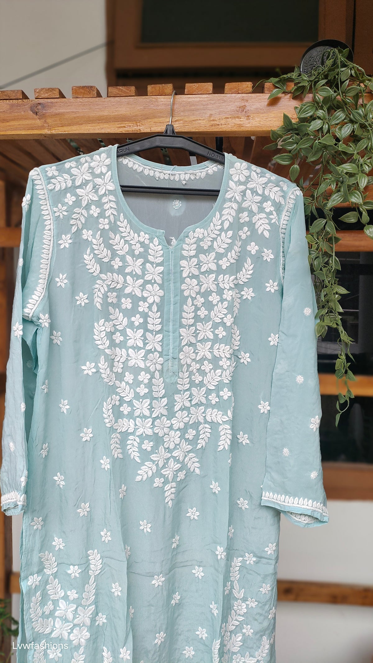 Zeba Firozi luxury silk Kurta with intricate handmade Lucknow Chikankari by LVW Fashions, showcasing detailed embroidery and elegant design.